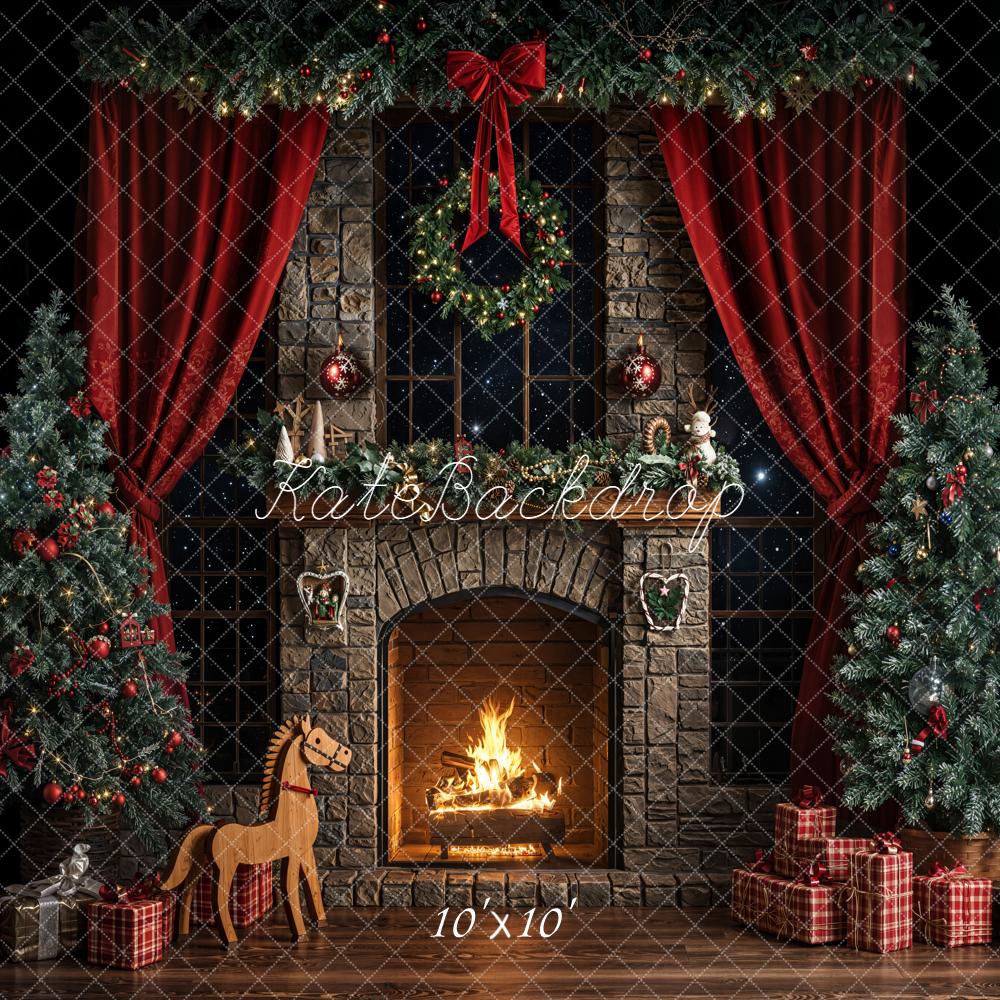 Kate Dark Christmas Fireplace Trees Backdrop Designed by Emetselch - Image 7