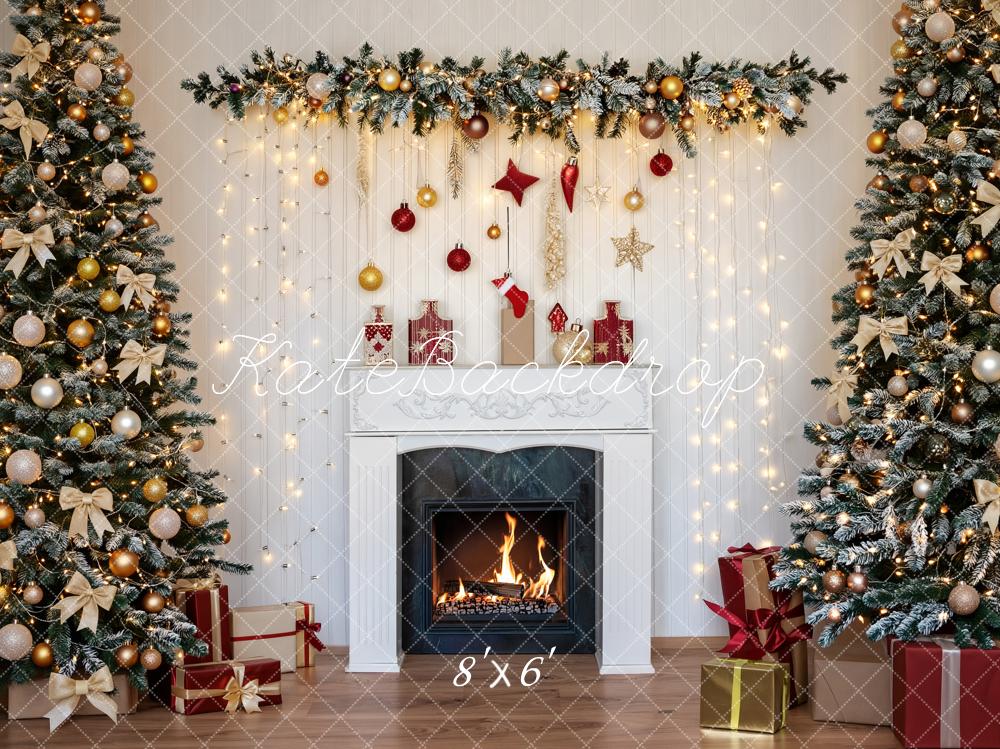 Kate Christmas Fireplace Christmas Trees Presents Fleece Backdrop Designed by Fantasyphotoart