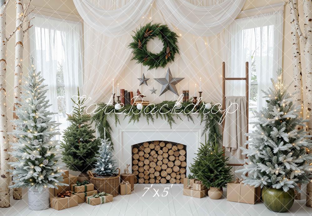 Kate Christmas Fireplace Evergreen Trees Birch Backdrop Designed by Mini MakeBelieve