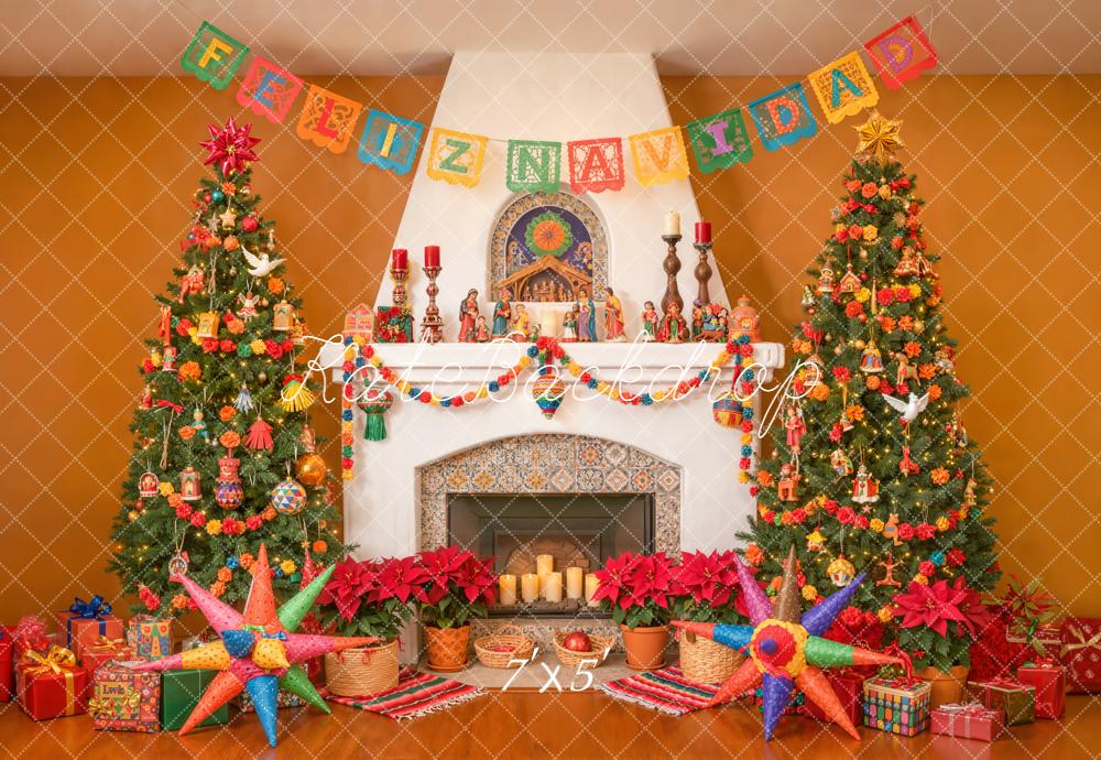 Kate Christmas Fireplace Festive Trees Piñatas Backdrop Designed by Emetselch