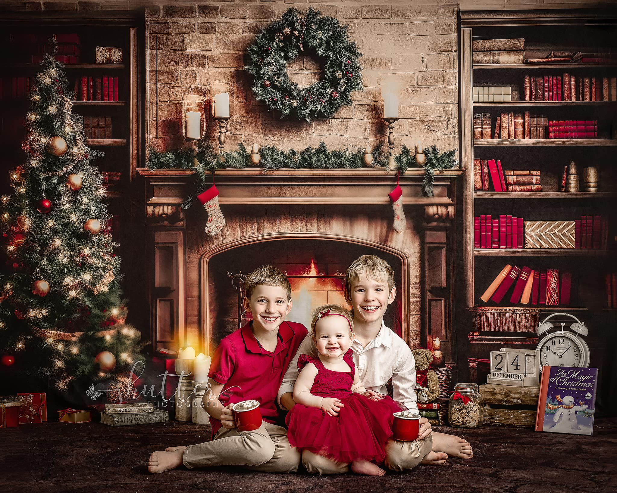 Kate Christmas Fireplace Flame Bookstore Backdrop for Photography