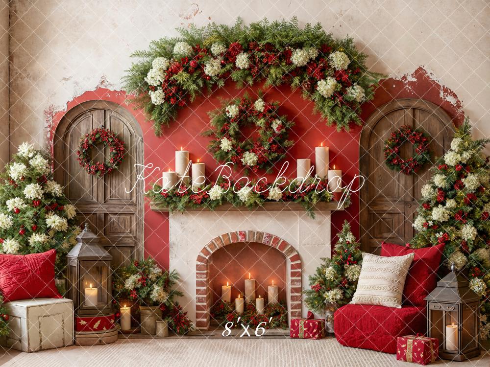 Kate Christmas Fireplace Garland Candles Fleece Backdrop Designed by Emetselch