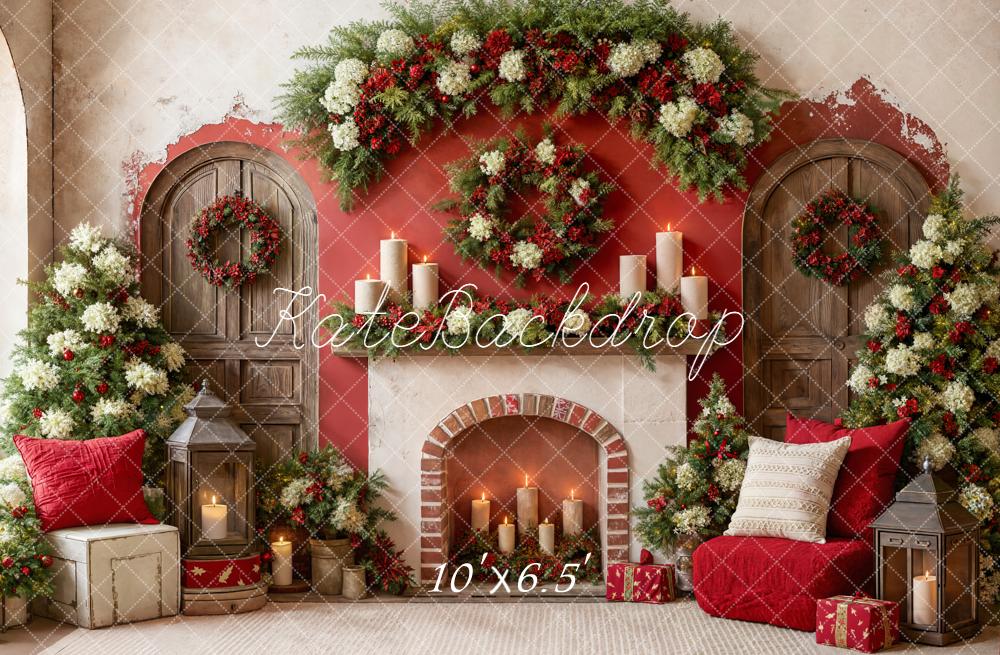 Kate Christmas Fireplace Garland Candles Fleece Backdrop Designed by Emetselch - Image 2