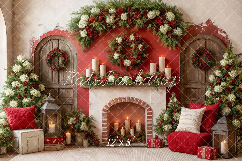 Kate Christmas Fireplace Garland Candles Fleece Backdrop Designed by Emetselch - Image 4