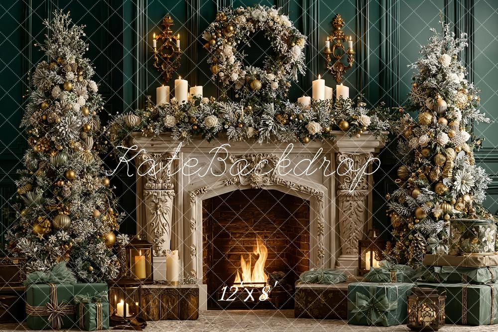 Kate Christmas Fireplace Garland Green Fleece Backdrop Designed by Emetselch - Image 4