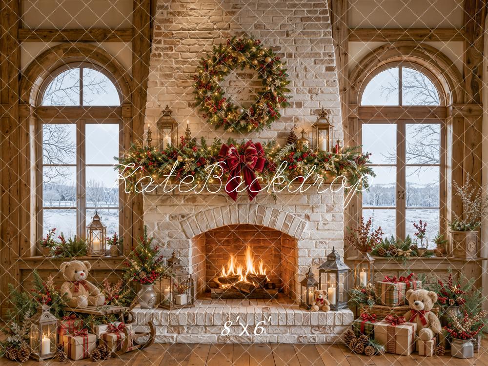 Kate Christmas Fireplace Garland Presents Fleece Backdrop Designed by Emetselch