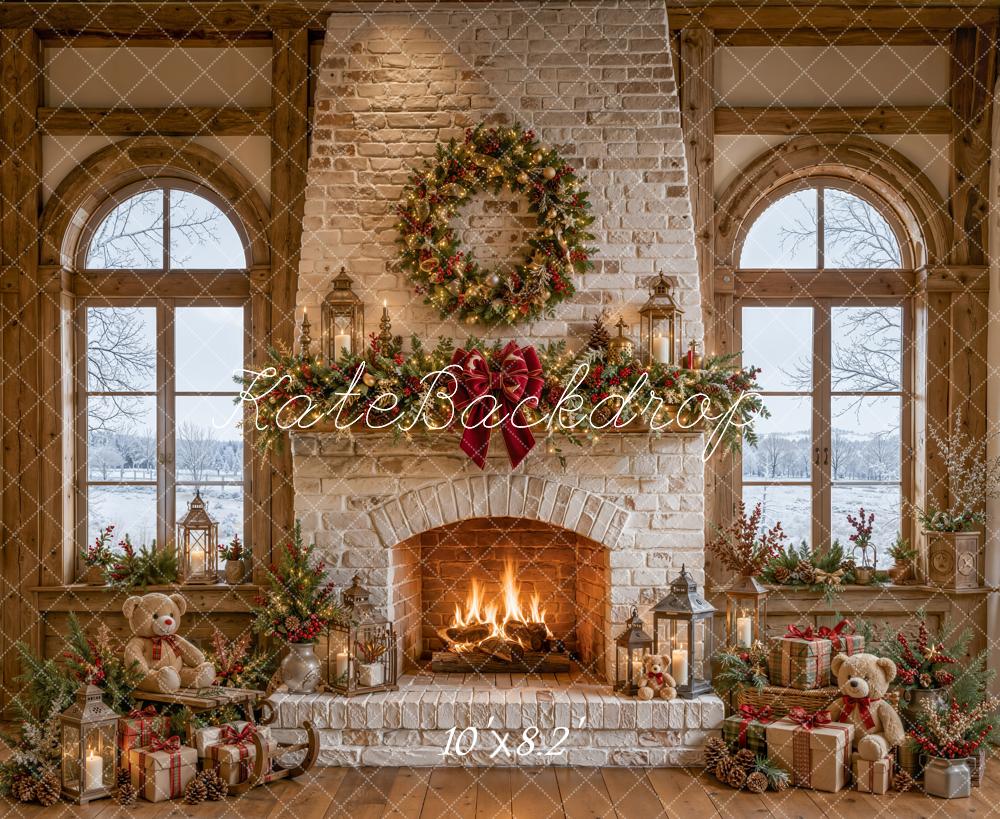 Kate Christmas Fireplace Garland Presents Fleece Backdrop Designed by Emetselch - Image 3