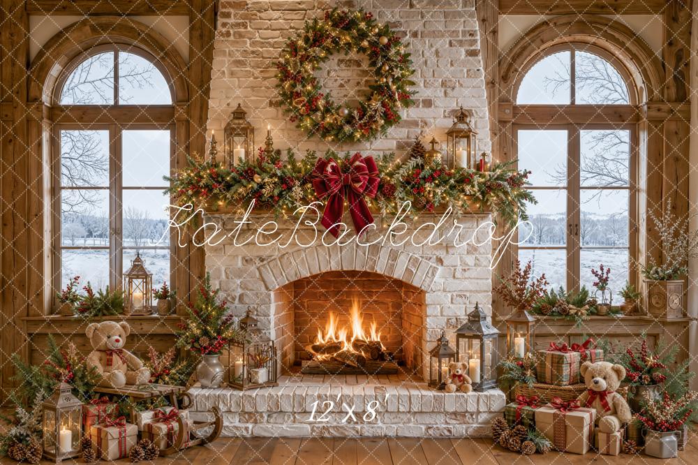 Kate Christmas Fireplace Garland Presents Fleece Backdrop Designed by Emetselch - Image 4