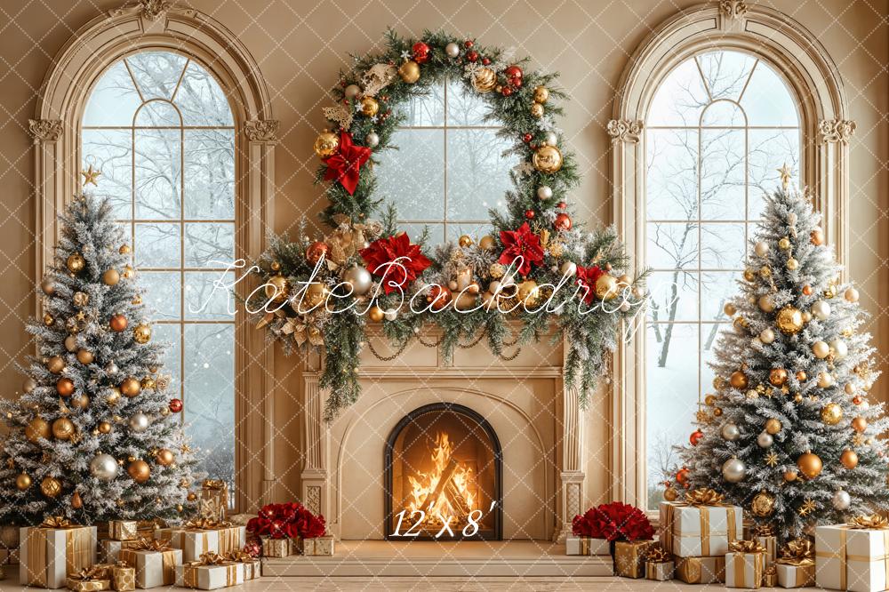 Kate Christmas Fireplace Garland Trees Fleece Backdrop Designed by Emetselch - Image 4