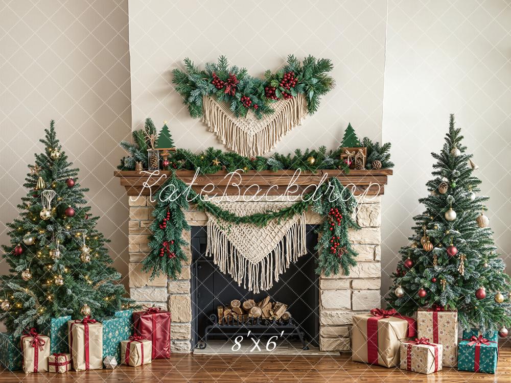 Kate Christmas Fireplace Garland Trees Presents Fleece Backdrop Designed by Emetselch
