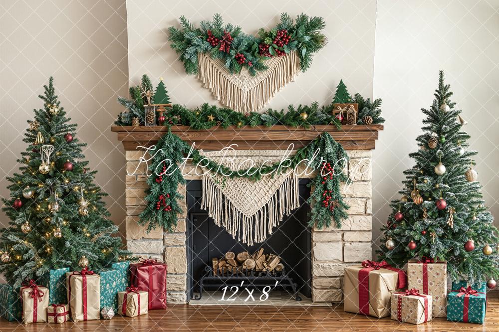 Kate Christmas Fireplace Garland Trees Presents Fleece Backdrop Designed by Emetselch - Image 4
