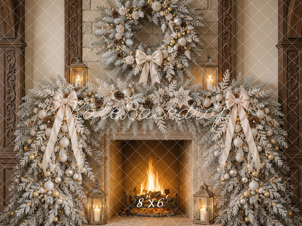 Kate Christmas Fireplace Garland Wreath Fleece Backdrop Designed by Emetselch