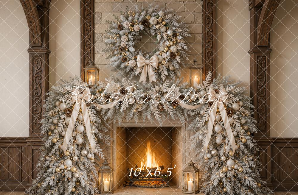 Kate Christmas Fireplace Garland Wreath Fleece Backdrop Designed by Emetselch - Image 2