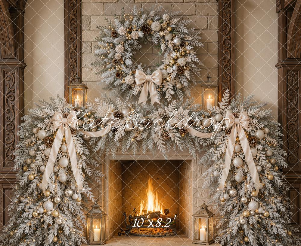 Kate Christmas Fireplace Garland Wreath Fleece Backdrop Designed by Emetselch - Image 3