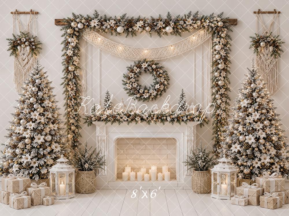 Kate Christmas Fireplace Garland Wreath Trees Fleece Backdrop Designed by Emetselch