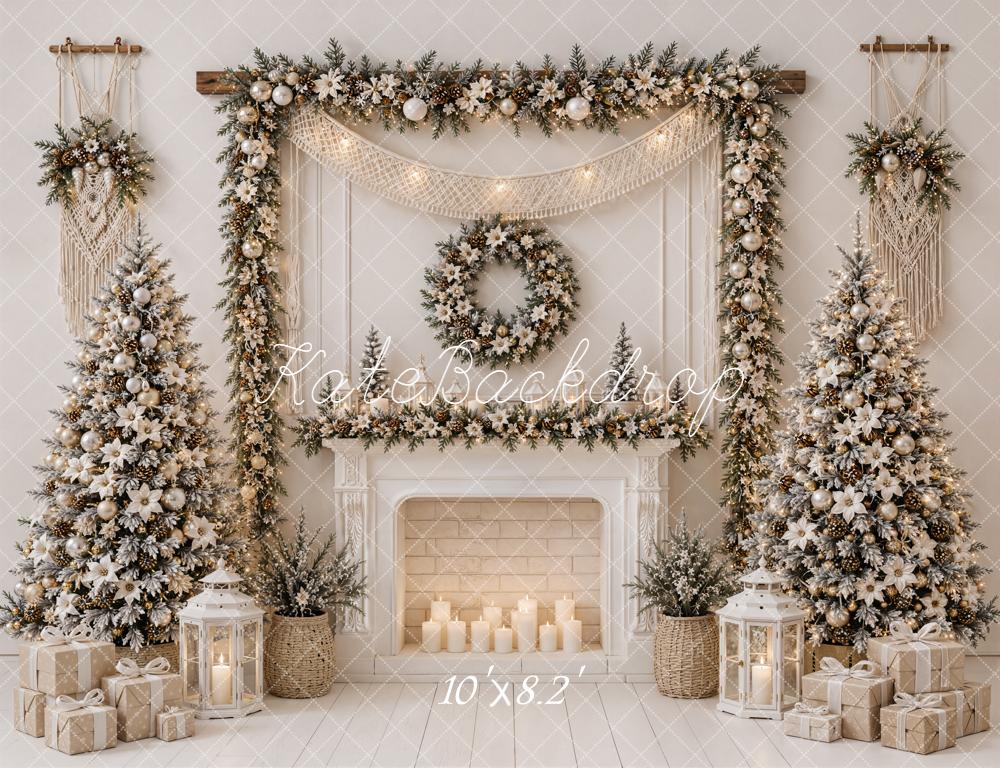 Kate Christmas Fireplace Garland Wreath Trees Fleece Backdrop Designed by Emetselch - Image 3