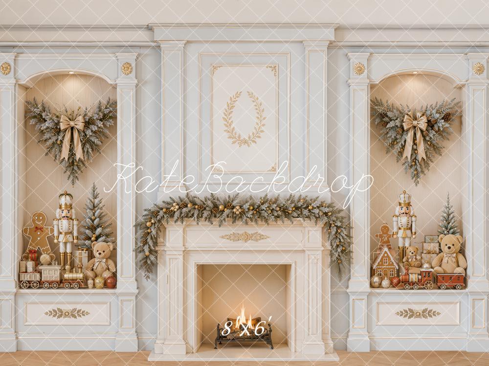 Kate Christmas Fireplace Gingerbread Nutcracker Backdrop Designed by Emetselch - Image 3