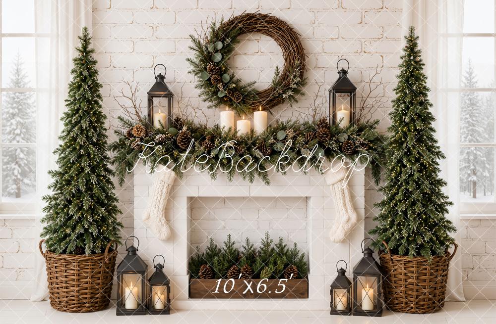 Kate Christmas Fireplace Lantern Wreath Fleece Backdrop Designed by Emetselch - Image 2