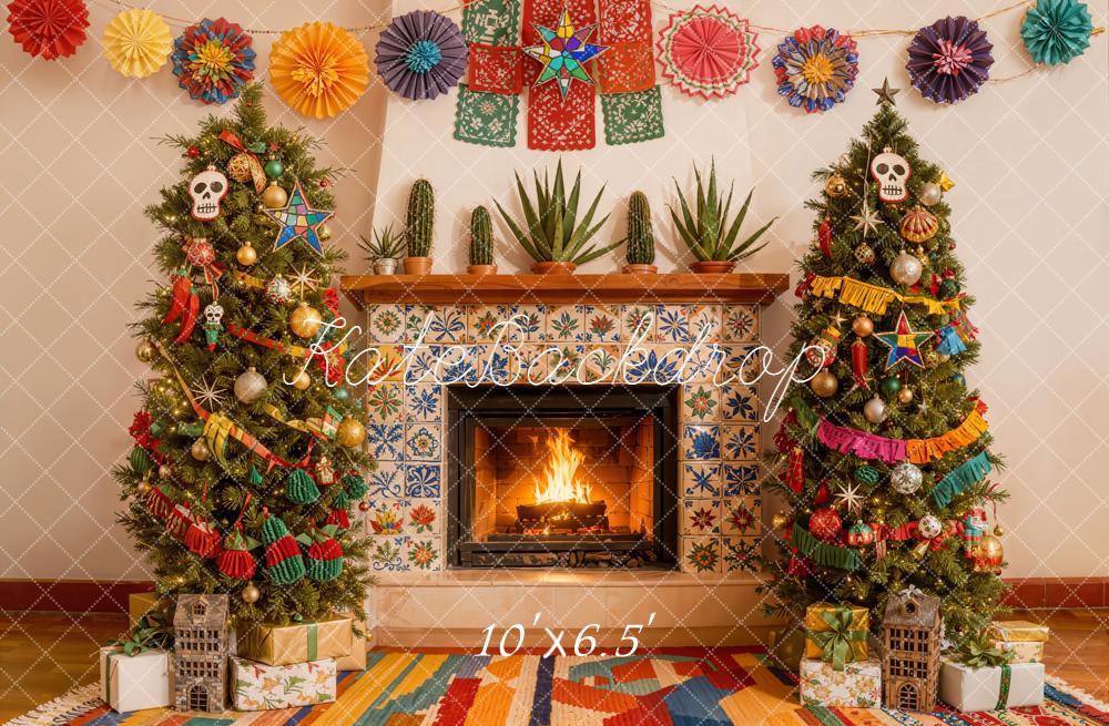 Kate Christmas Fireplace Papel Picado Trees Backdrop Designed by Emetselch - Image 4