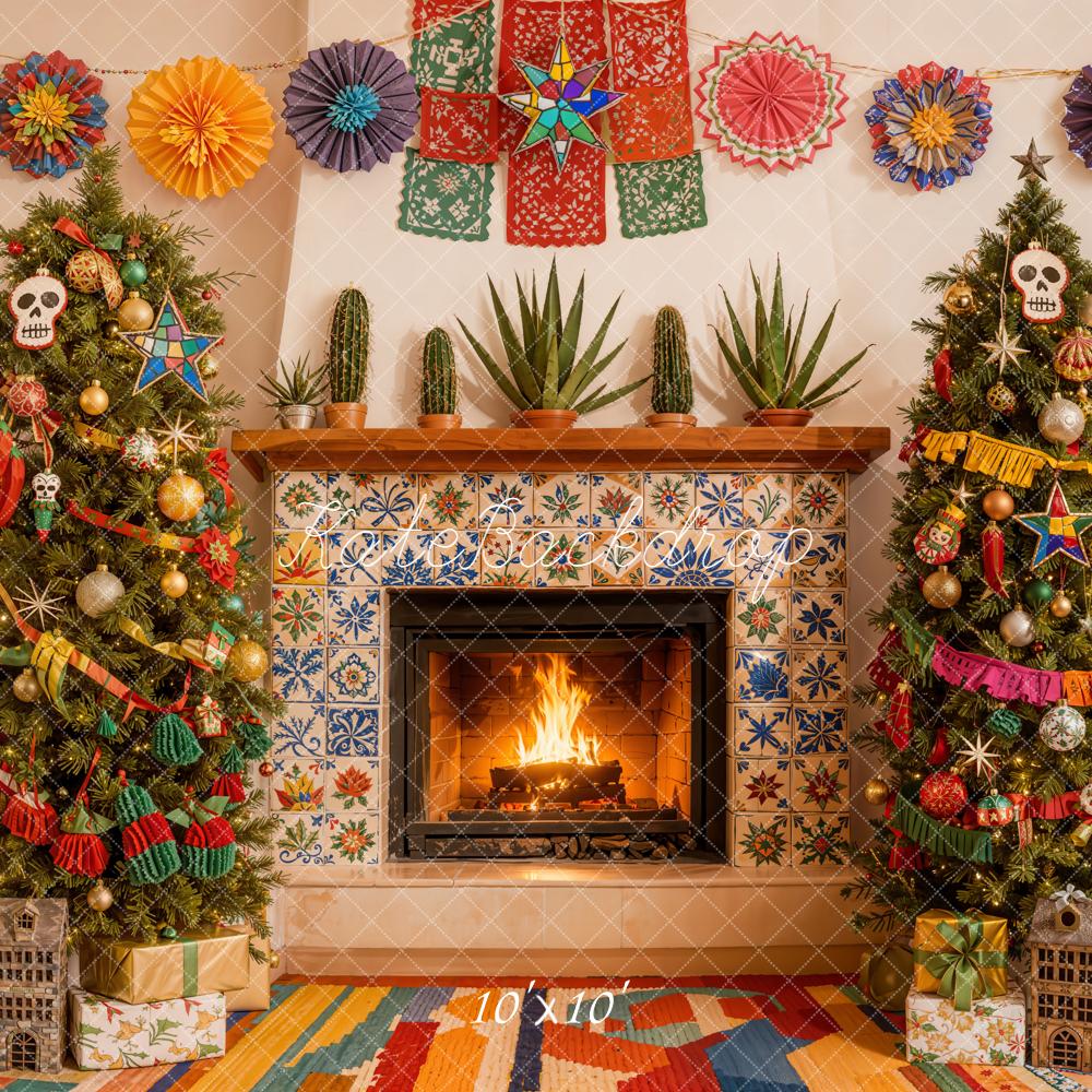 Kate Christmas Fireplace Papel Picado Trees Backdrop Designed by Emetselch - Image 7