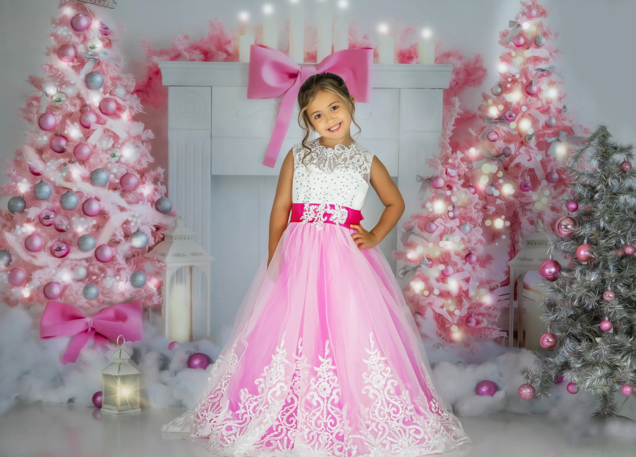 Kate Christmas Fireplace Pink Tree Princess Backdrop Designed by Emetselch