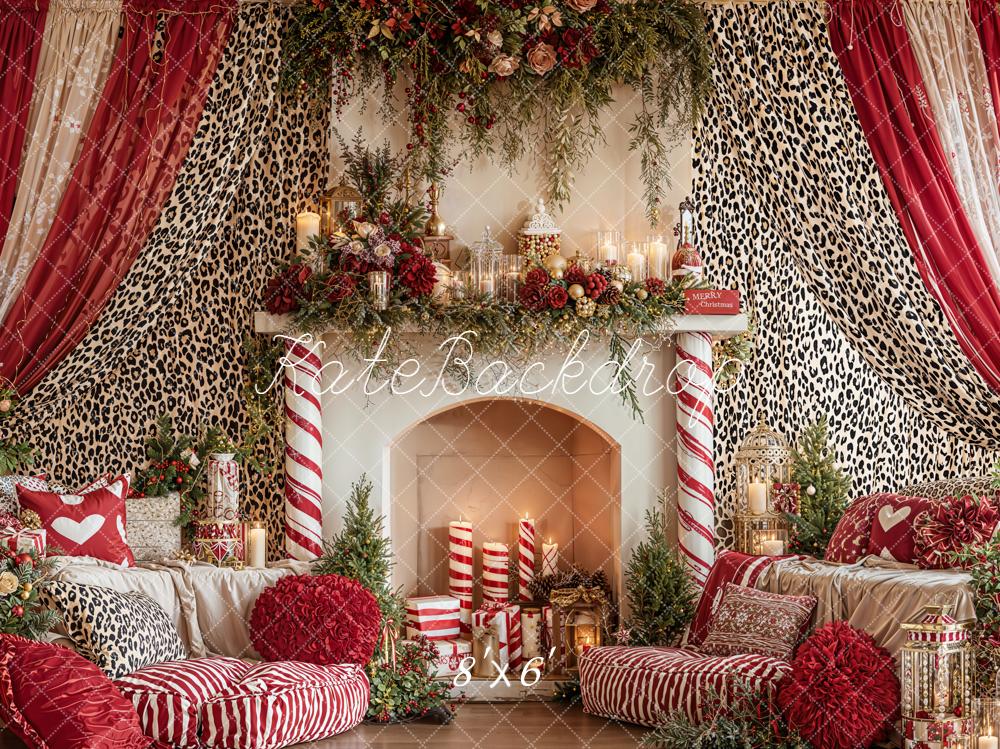 Kate Christmas Fireplace Red Leopard Curtains Backdrop Designed by Emetselch - Image 3