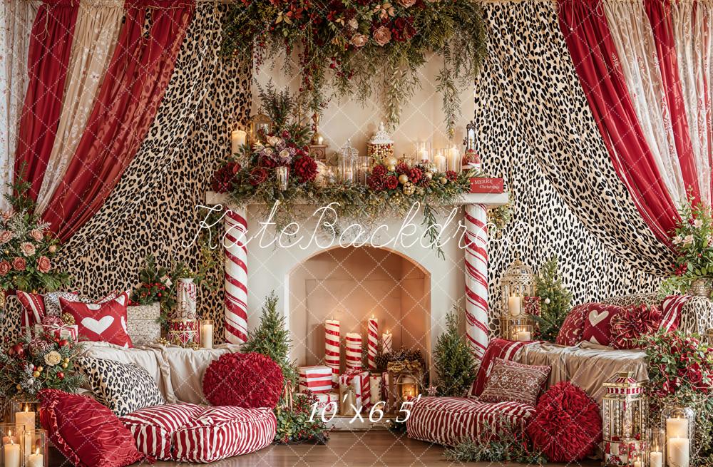 Kate Christmas Fireplace Red Leopard Curtains Backdrop Designed by Emetselch - Image 4