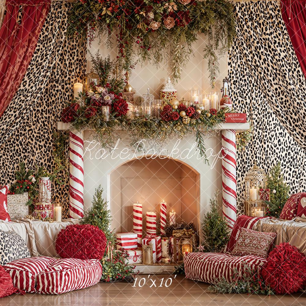 Kate Christmas Fireplace Red Leopard Curtains Backdrop Designed by Emetselch - Image 7