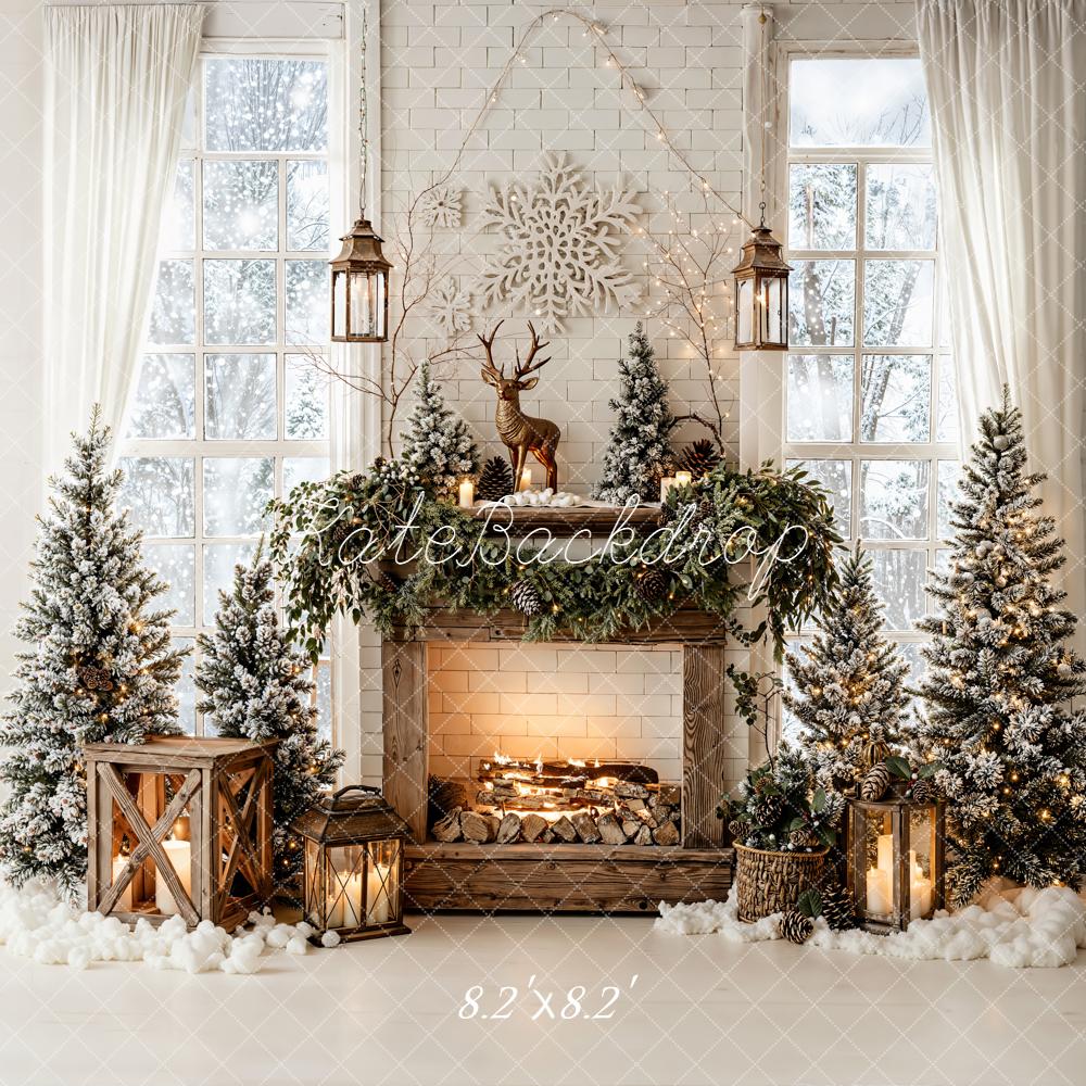Kate Christmas Fireplace Snowflake Garland Trees Backdrop Designed by Emetselch - Image 5