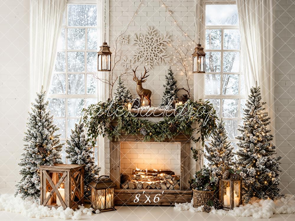 Kate Christmas Fireplace Snowy Trees Deer Fleece Backdrop Designed by Emetselch