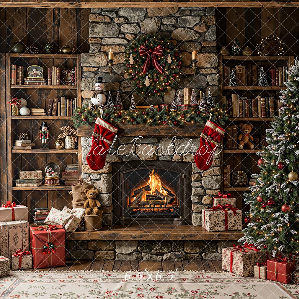 Kate Christmas Fireplace Stone Wall Tree Backdrop Designed by Emetselch - Image 4