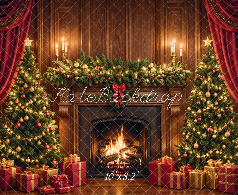 Kate Christmas Fireplace Tree Brown Retro Wall Backdrop Designed by Emetselch - Image 7