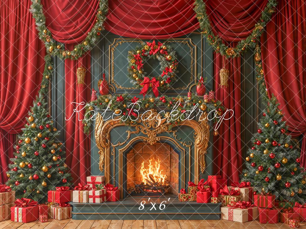 Kate Christmas Fireplace Tree Gifts Red Curtains Fleece Backdrop Designed by Emetselch