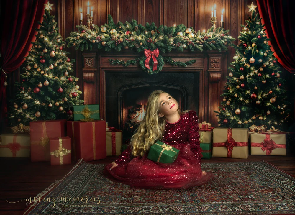 Kate Christmas Fireplace Tree Retro Wall Backdrop+Brown Wood Texture Floor Backdrop