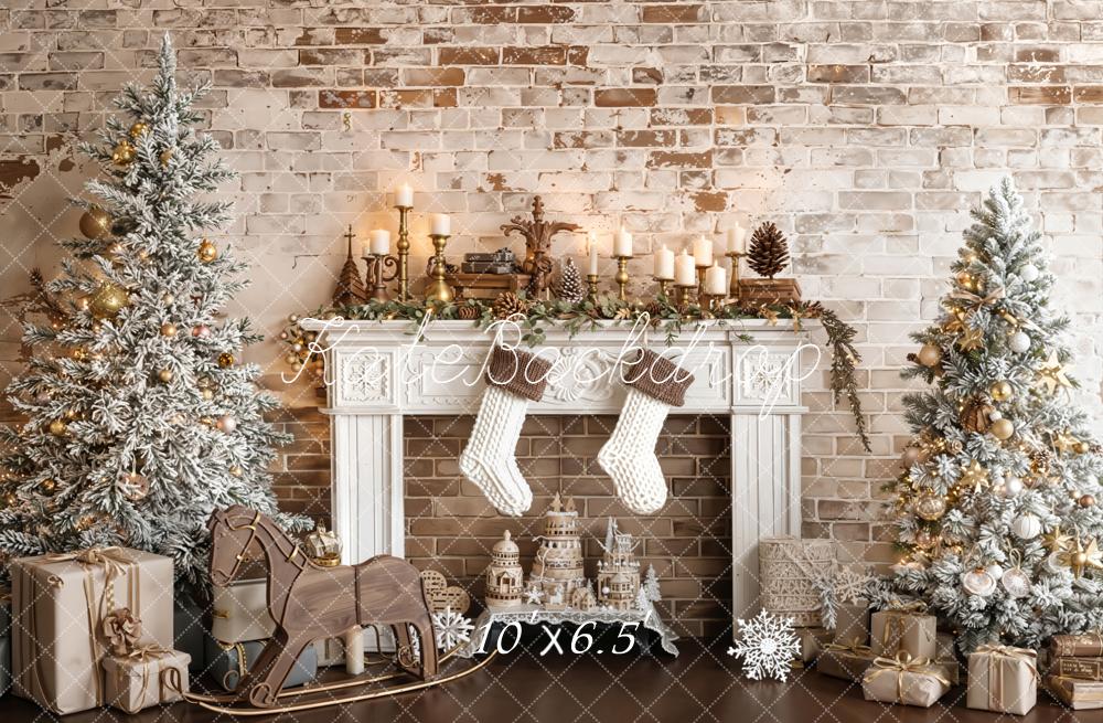 Kate Christmas Fireplace Trees Brick Wall Fleece Backdrop Designed by Emetselch - Image 2