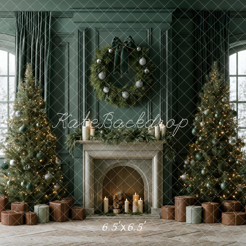Kate Christmas Fireplace Trees Gift Boxes Green Backdrop Designed by Emetselch - Image 2