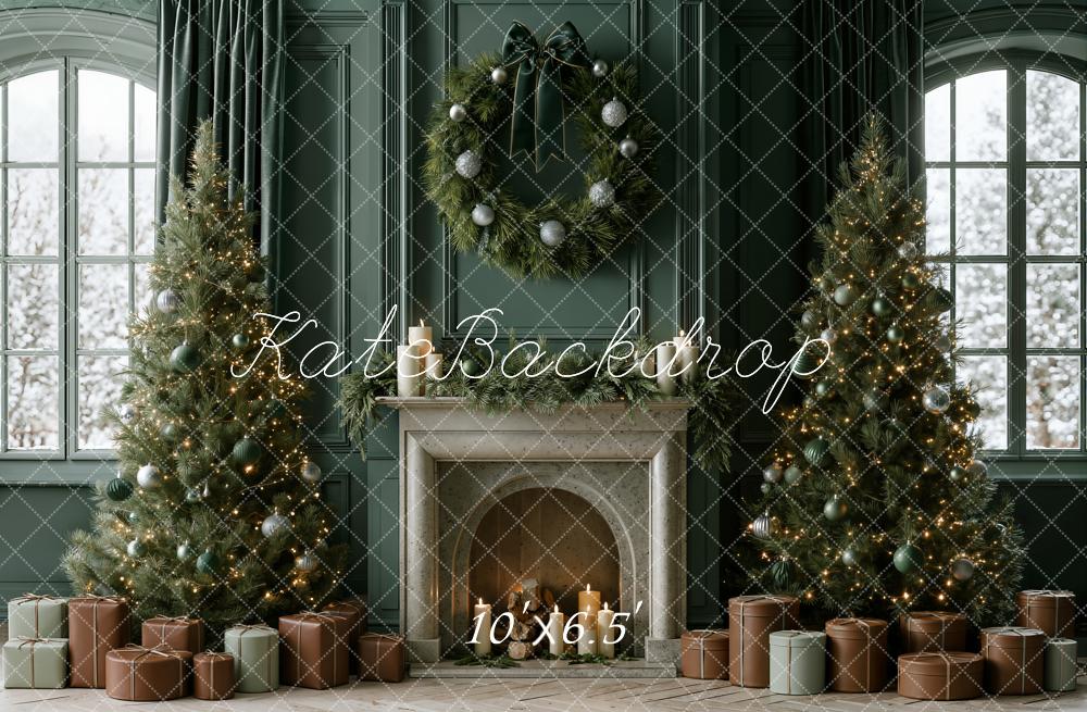 Kate Christmas Fireplace Trees Gift Boxes Green Backdrop Designed by Emetselch - Image 4