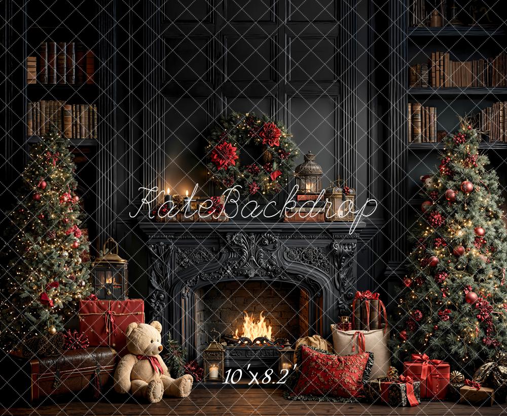 Kate Christmas Fireplace Trees Gifts Dark Fleece Backdrop Designed by Emetselch - Image 3