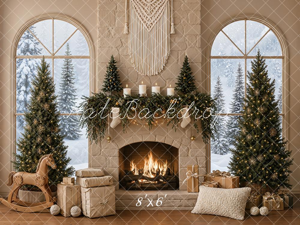 Kate Christmas Fireplace Trees Gifts Fleece Backdrop Designed by Emetselch