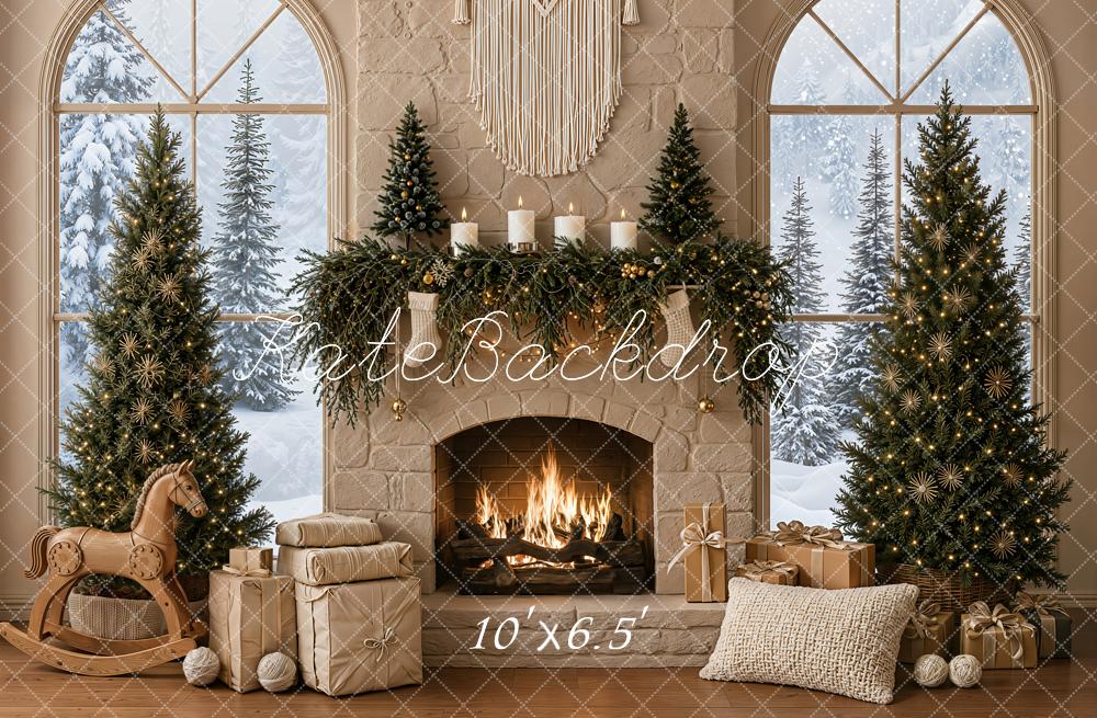 Kate Christmas Fireplace Trees Gifts Fleece Backdrop Designed by Emetselch - Image 2