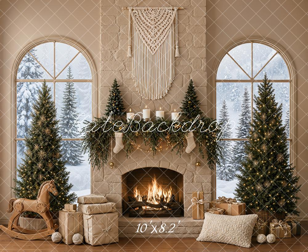 Kate Christmas Fireplace Trees Gifts Fleece Backdrop Designed by Emetselch - Image 3