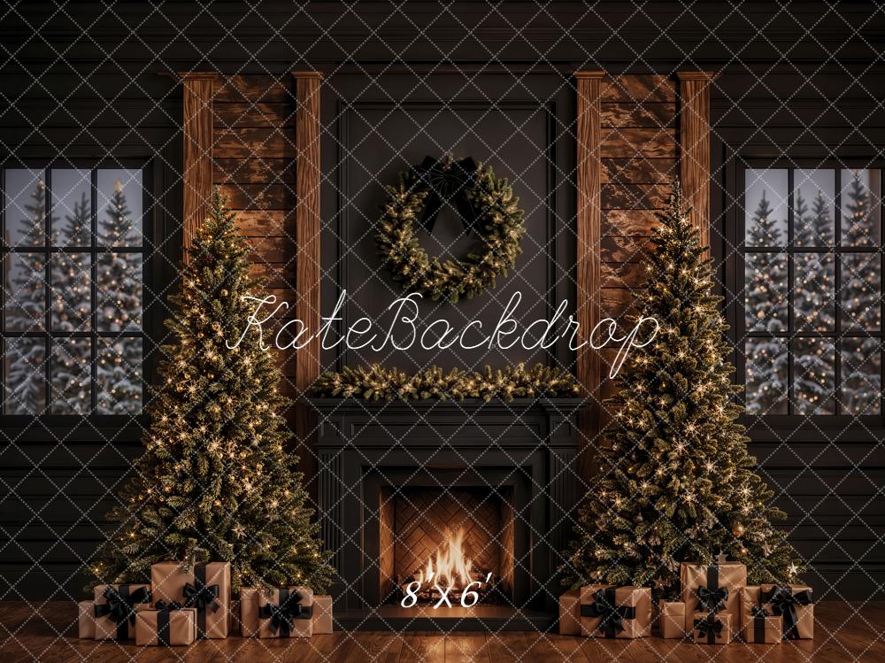 Kate Christmas Fireplace Trees Gifts Fleece Backdrop Designed by Emetselch