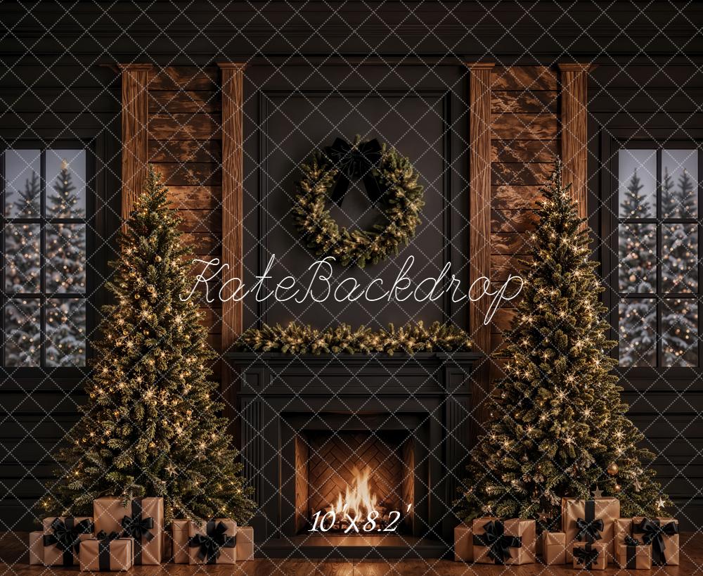 Kate Christmas Fireplace Trees Gifts Fleece Backdrop Designed by Emetselch - Image 3