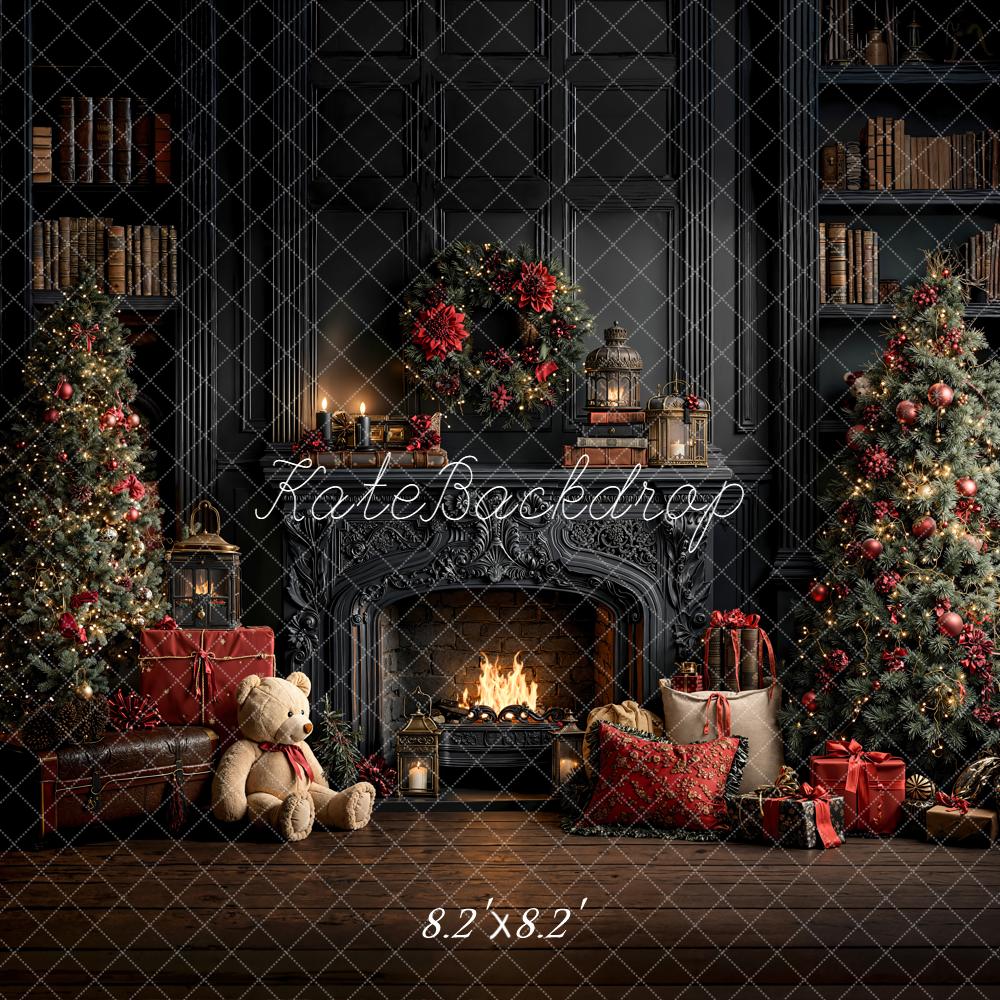 Kate Dark Christmas Fireplace Trees Presents Backdrop Designed by Emetselch - Image 5