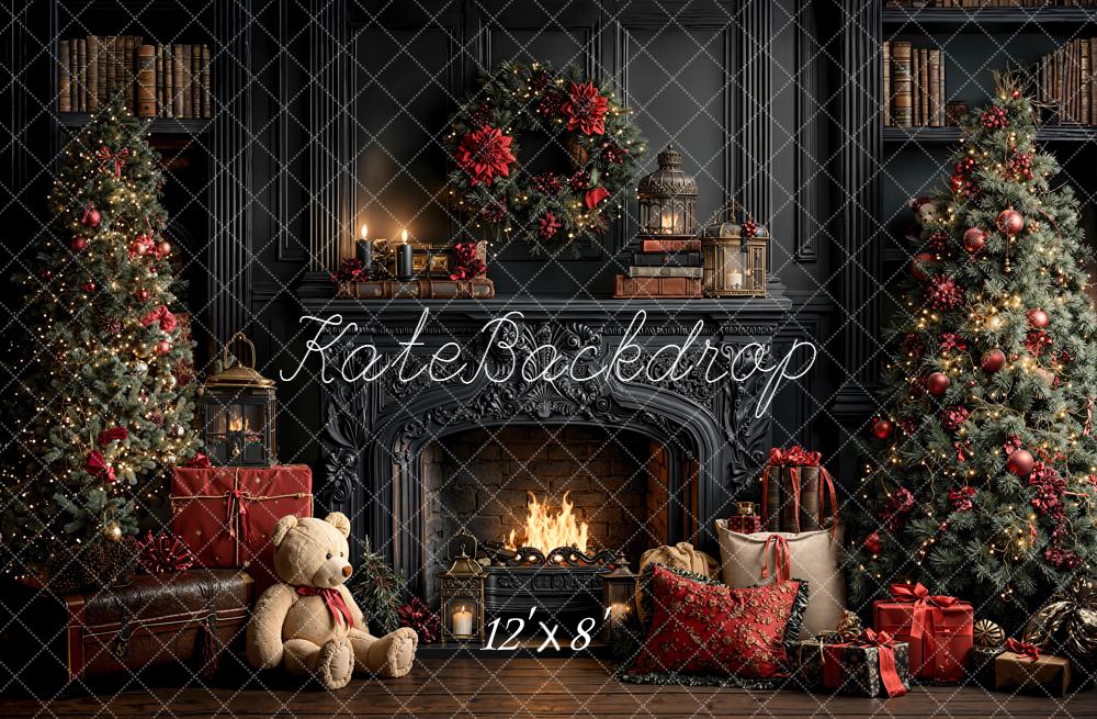 Kate Dark Christmas Fireplace Trees Presents Backdrop Designed by Emetselch - Image 8