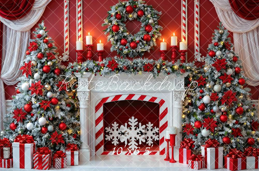Kate Christmas Fireplace Trees Red White Backdrop Designed by Mini MakeBelieve - Image 4