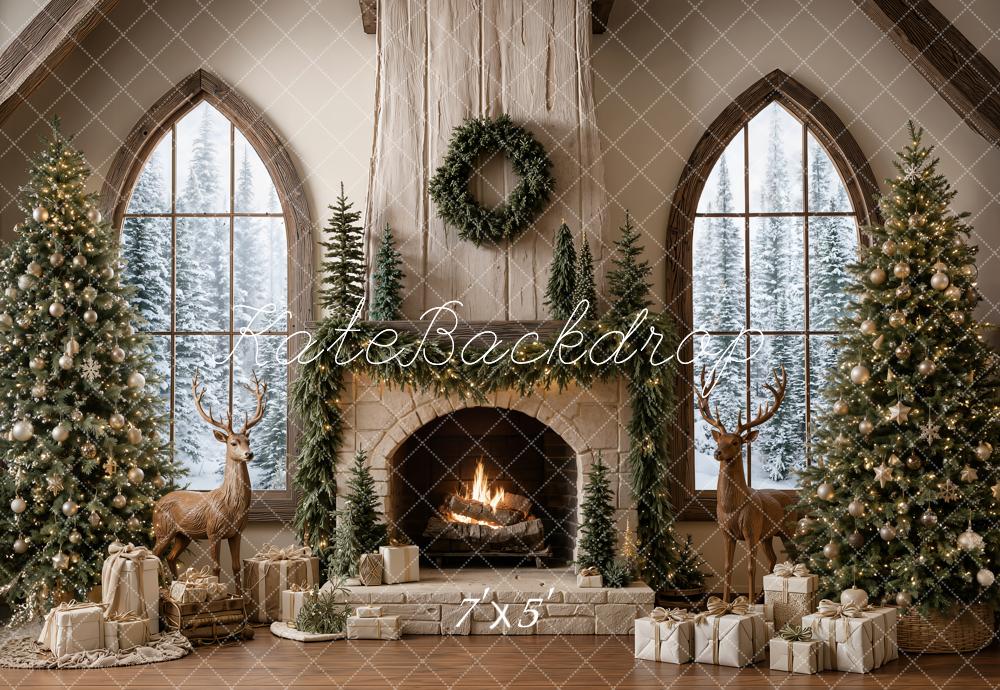 Kate Christmas Fireplace Trees Reindeer Backdrop Designed by Emetselch