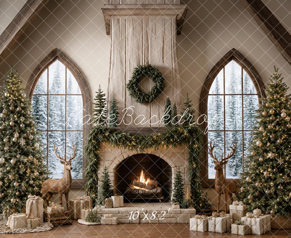 Kate Christmas Fireplace Trees Reindeer Backdrop Designed by Emetselch - Image 6