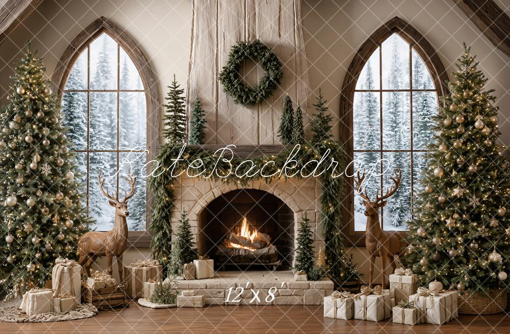 Kate Christmas Fireplace Trees Reindeer Backdrop Designed by Emetselch - Image 8