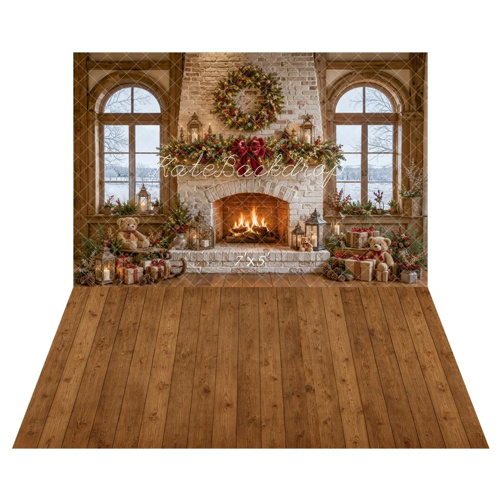 Kate Christmas Fireplace Window Teddy Bears Backdrop+Wood Plank Brown Texture Backdrop - Image 2